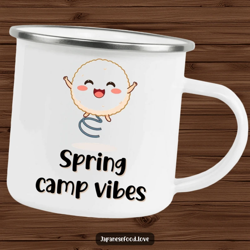 Funny camping mug with a cheerful rice ball character gleefully bouncing on a spring, perfect for outdoor adventures.