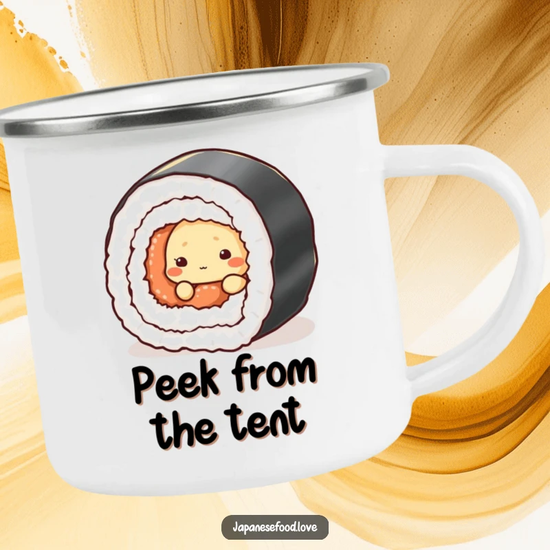 Funny camping mug with a shy tempura character peeking from behind a sushi roll, durable and humorous.