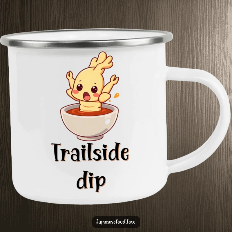 Funny tempura shrimp camping mug, a surprised shrimp jumping from sauce, durable and humorous drinkware for outdoor enthusiasts.