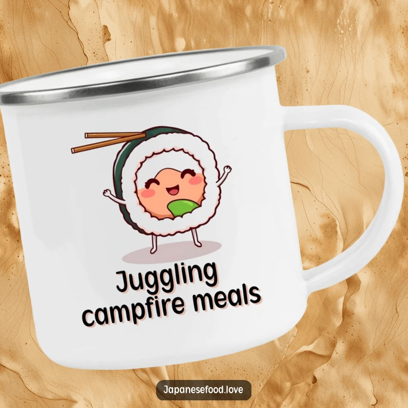 Funny sushi camping mug featuring a smiling sushi roll with tiny legs, juggling chopsticks, ready for outdoor fun.