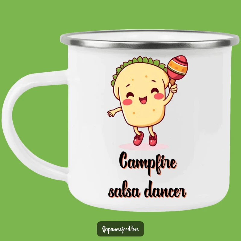 Funny Taco Camping Mug: Dancing Character with Maraca, Fiesta Adventure Gift