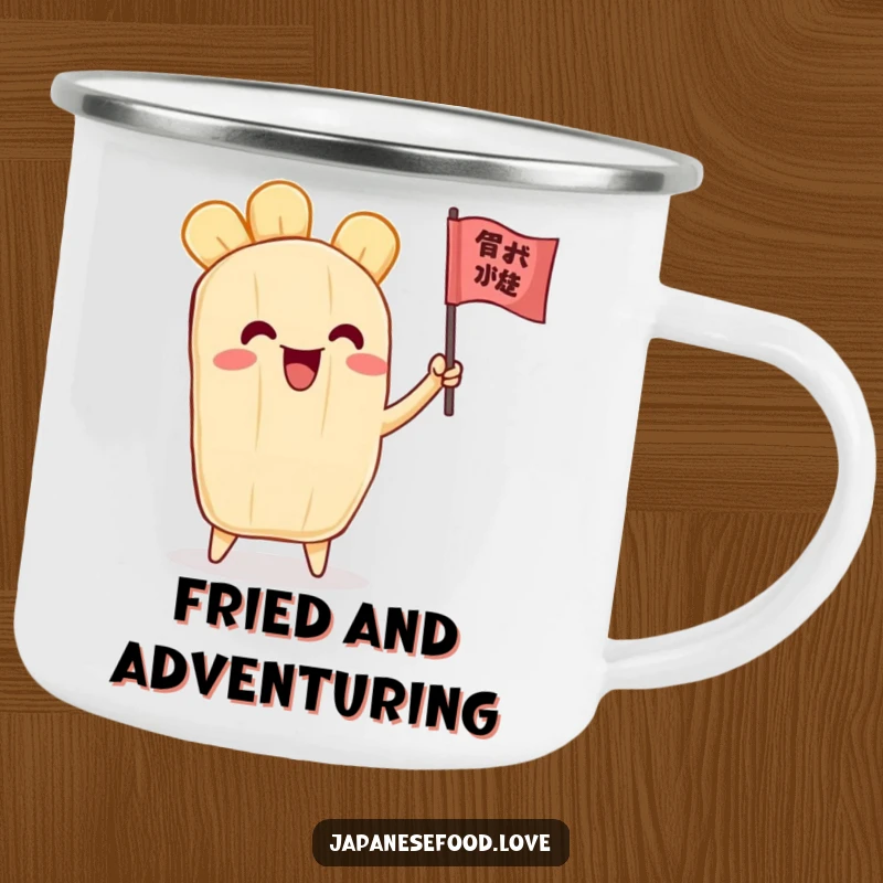 Funny camping mug with a joyful tempura character waving a small flag, perfect for outdoor enthusiasts who love a good laugh.