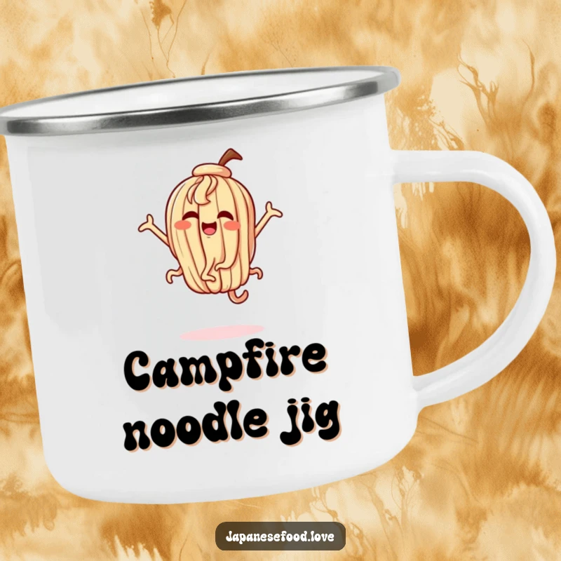 Funny camping mug with a dancing udon noodle character in exaggerated, joyful motion, durable and fun.