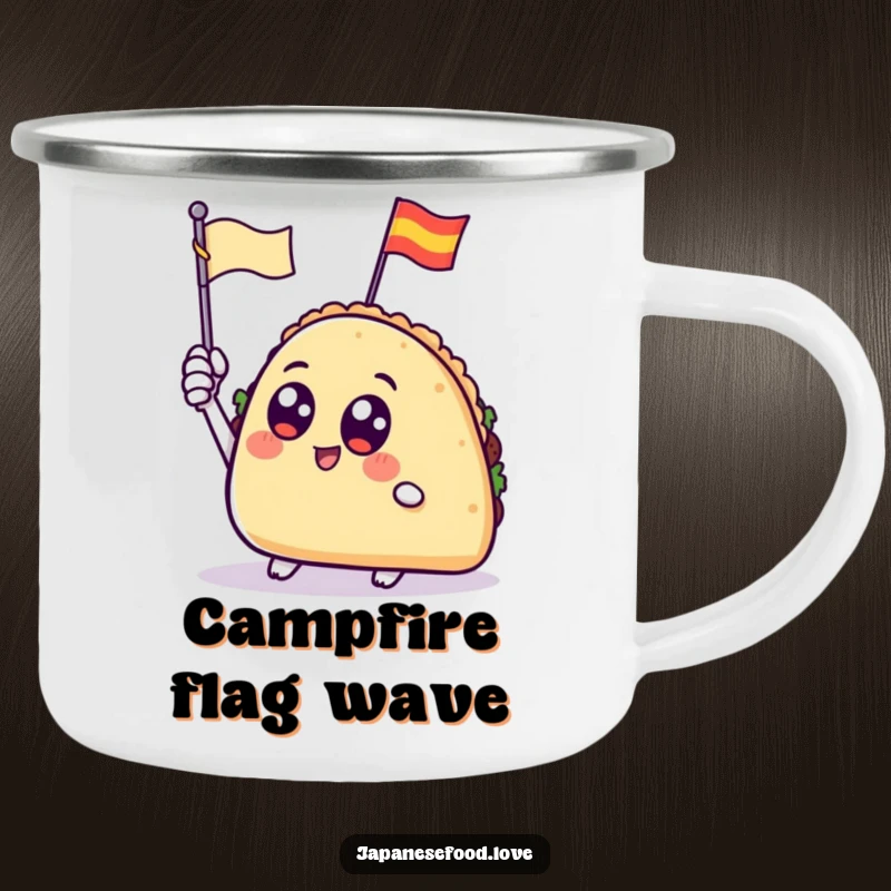 Durable camping mug featuring a taco with big eyes waving a tiny flag, perfect for outdoor fiestas.
