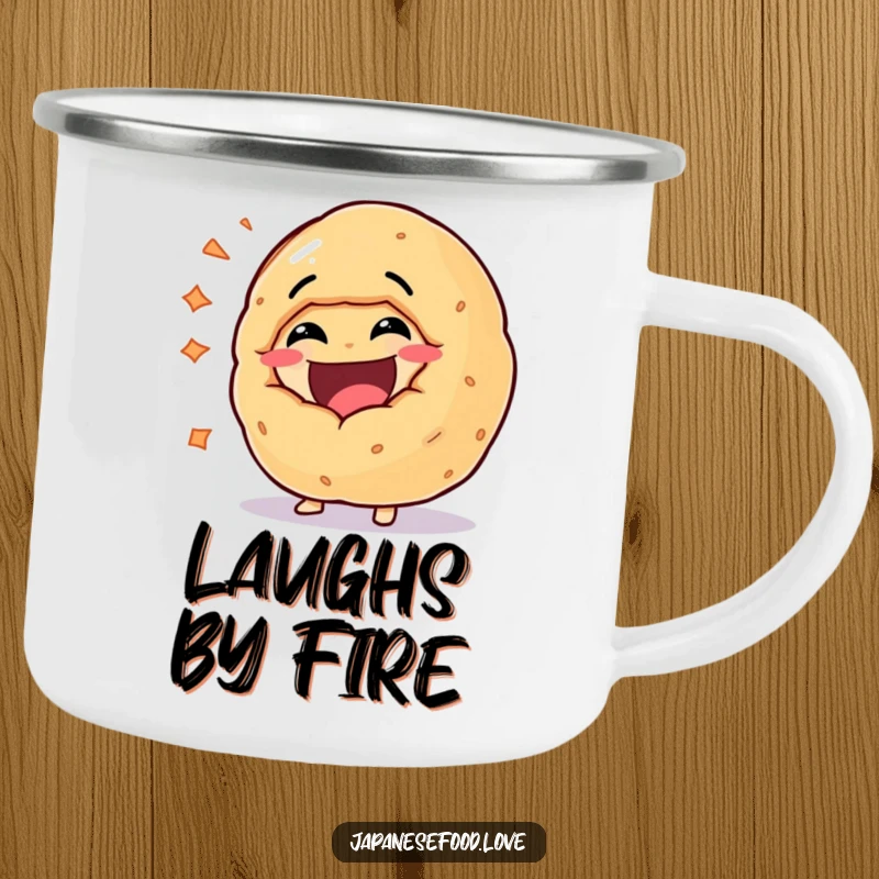 Funny enamel camping mug featuring a cheerful fortune cookie shaped character bursting with hearty laughter, perfect for adding a dose of fun.