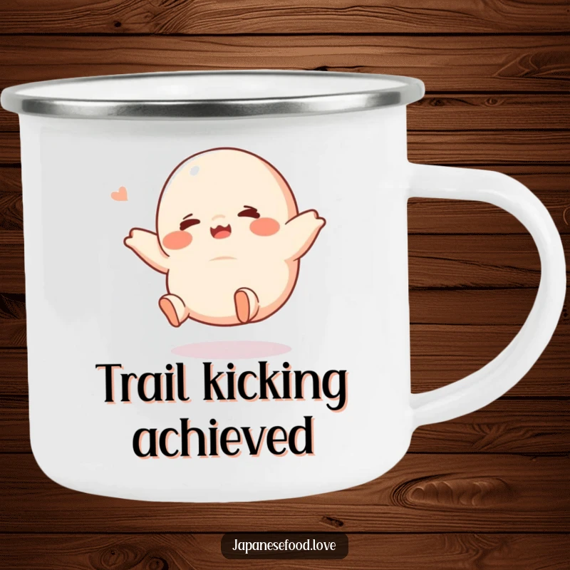 Funny giggling dumpling camping mug, designed with a tiny-legged character kicking playfully, ready for outdoor fun and humor, a fantastic funny gift.