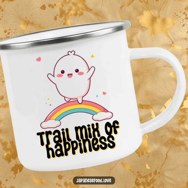 Funny mochi character dancing on a rainbow, perfect for outdoor adventures, a humorous camping mug.