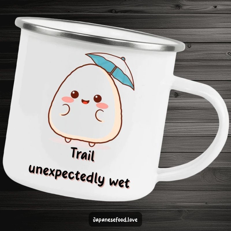 Funny surprised onigiri camping mug, featuring a blushing rice ball with a tiny umbrella, ready for outdoor fun and cute humor, a fantastic funny gift.