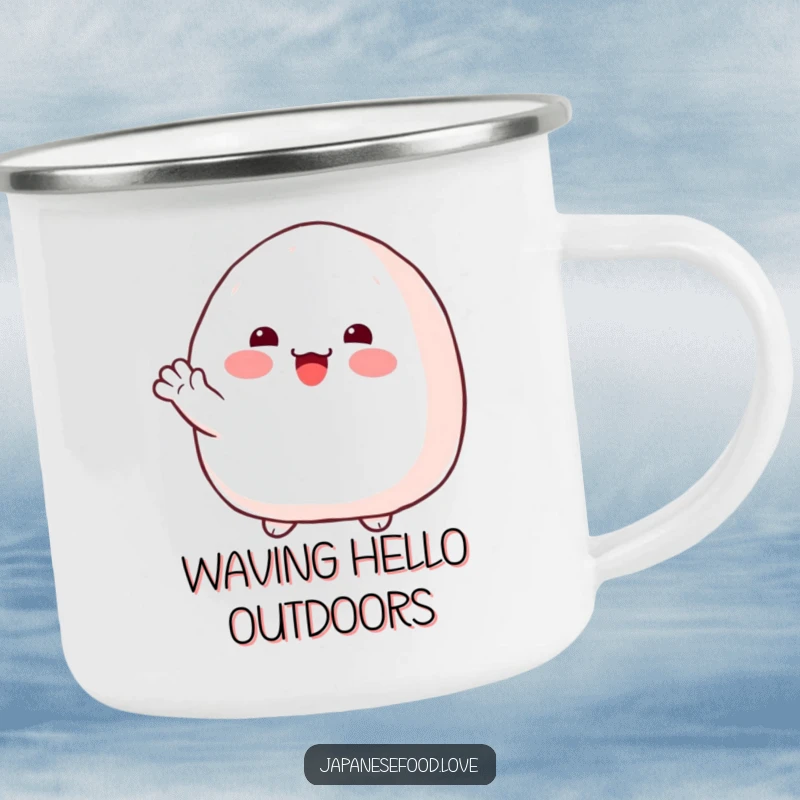 Funny onigiri camping mug featuring a plump rice ball with rosy cheeks, offering a friendly wave.