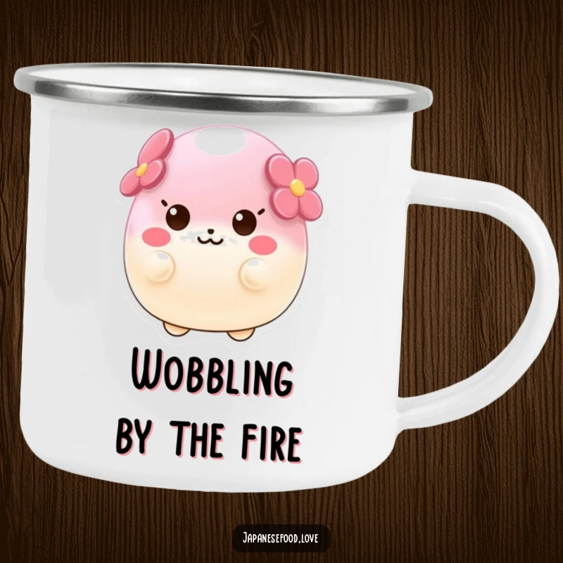 Funny camping mug featuring a wobbly sakura mochi character wobbling with outdoor delight, perfect for hot beverages on the go.