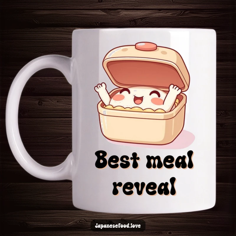 Funny mug with a smiling bento box character enthusiastically opening and closing its lid, bringing joy to your day.