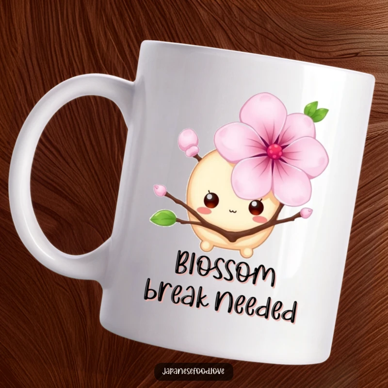 Funny mochi mug featuring a shy character with big eyes hiding behind a cherry blossom, a kawaii and cute humorous design, perfect for a funny gift.