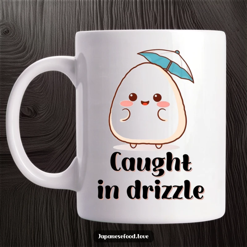 Funny surprised onigiri mug, featuring a blushing rice ball with a tiny umbrella, conveying cute shock and humor, perfect for a funny gift.