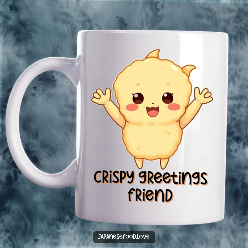 Funny tempura mug featuring a happy, crispy seafood character with little arms waving enthusiastically, a humorous food design, perfect for a funny gift.