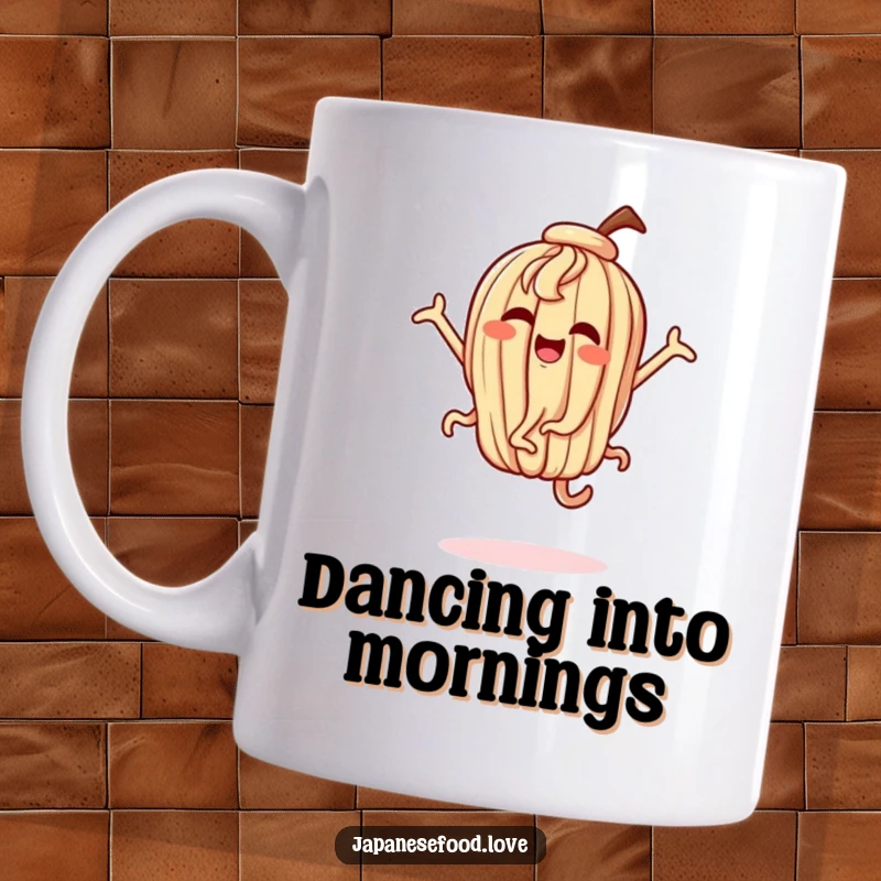 Funny mug showcasing a happy udon noodle character dancing energetically with exaggerated, joyful movements.