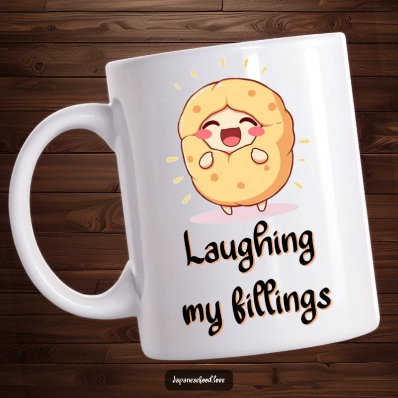 Funny Mug featuring a giant fortune cookie character bursting with infectious laughter, radiating happiness.