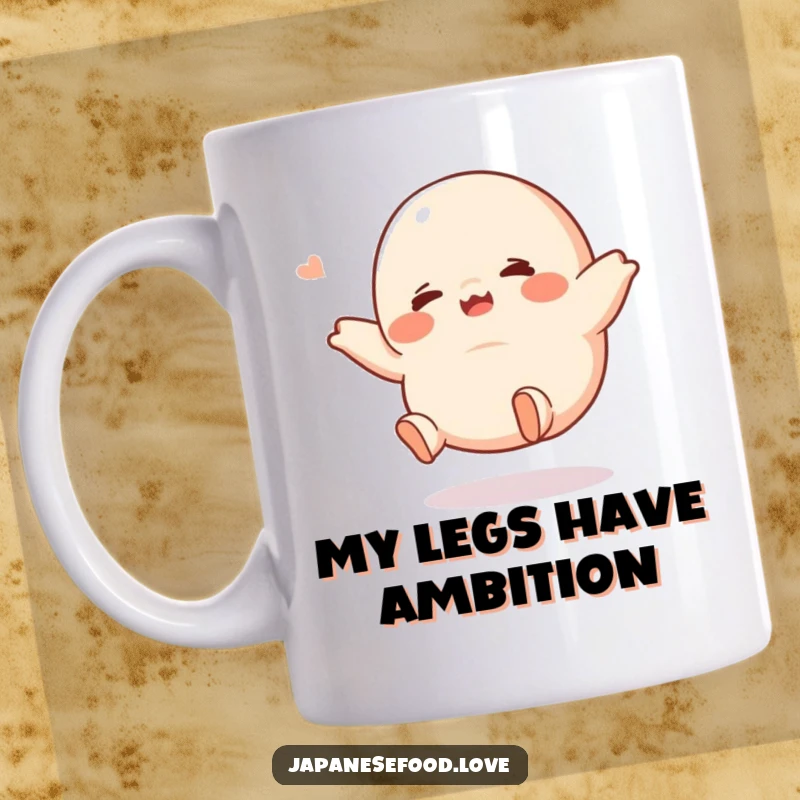 Funny dumpling mug with tiny legs kicking joyfully in the air, radiating pure, infectious laughter and a playful spirit for gift seekers.
