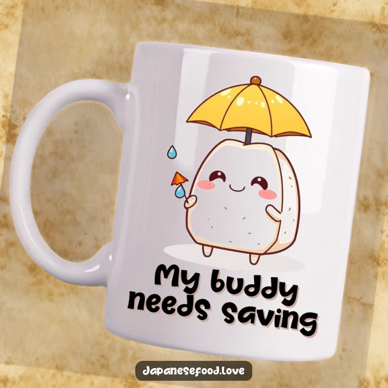 Funny onigiri smiling, holding a tiny umbrella over a small raindrop, a cute and heartwarming scene on a mug.