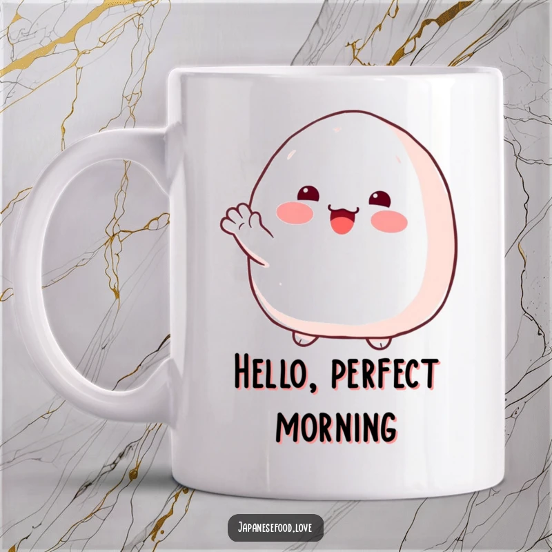 Funny onigiri mug featuring a plump rice ball with rosy cheeks, offering a cheerful and friendly wave.