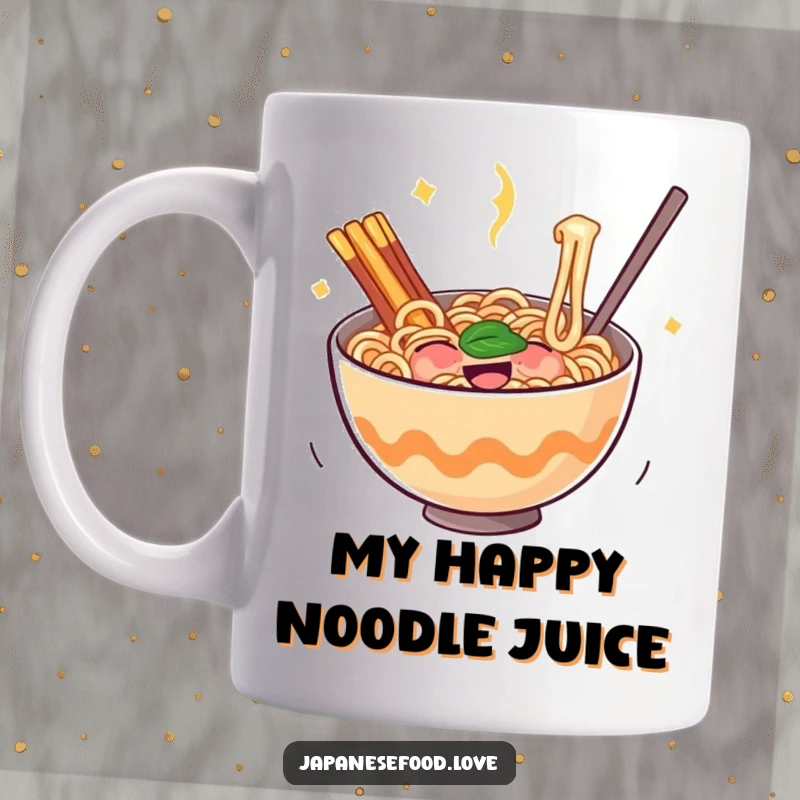 Funny ramen mug featuring a bouncing bowl of noodles filled with pure glee, radiating delicious happiness and comfort.