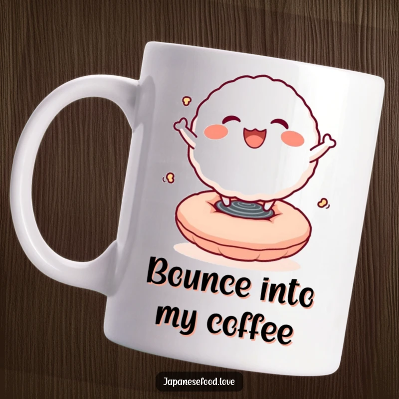 Funny mug depicting a smiling rice ball character joyfully bouncing up and down on a soft, springy cushion.
