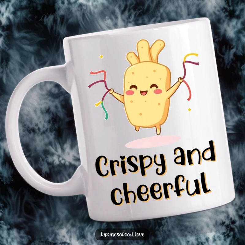 Funny Tempura Mug: Happy fried food dancing with ribbon streamers, embodying energetic and humorous celebration.