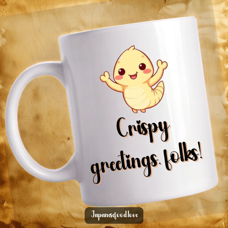 Funny Waving Tempura Shrimp Mug: Happy tempura shrimp with tiny arms waves enthusiastically, seafood humor, cute character, funny gift.