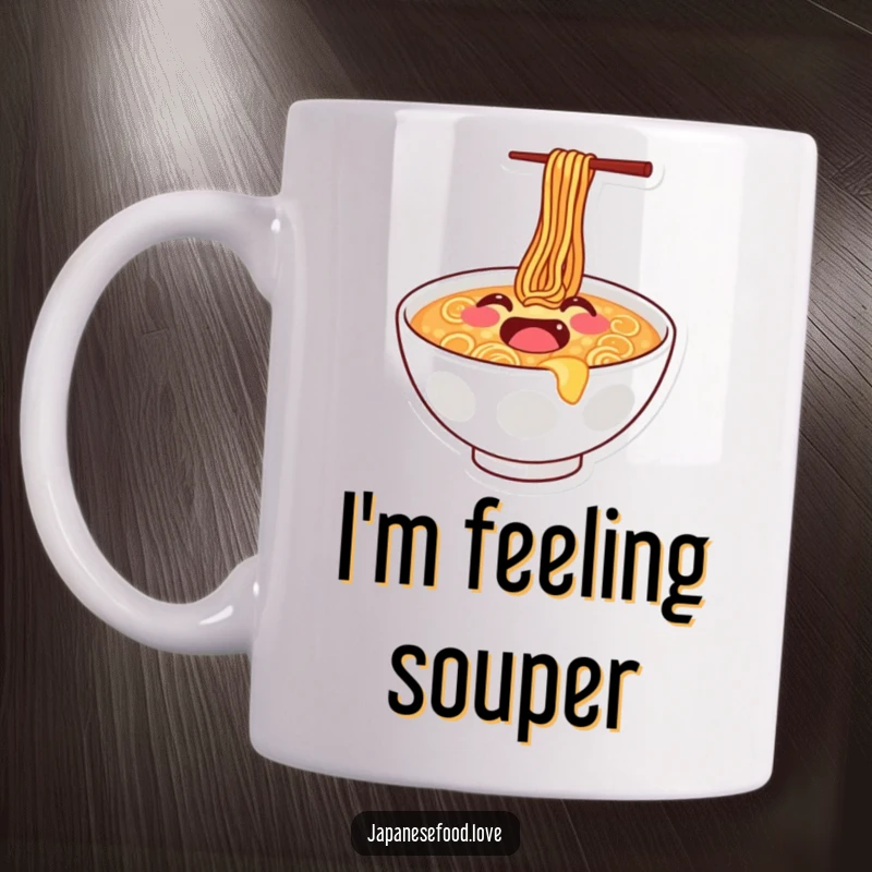 Funny mug featuring a joyful ramen bowl with a smiley face enthusiastically doing a happy bounce, radiating pure delight.