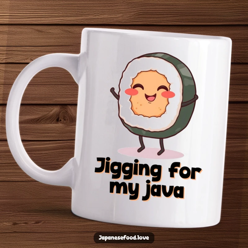 Funny mug showcasing a smiling sushi roll with tiny legs enthusiastically dancing a lively jig, full of cheer.