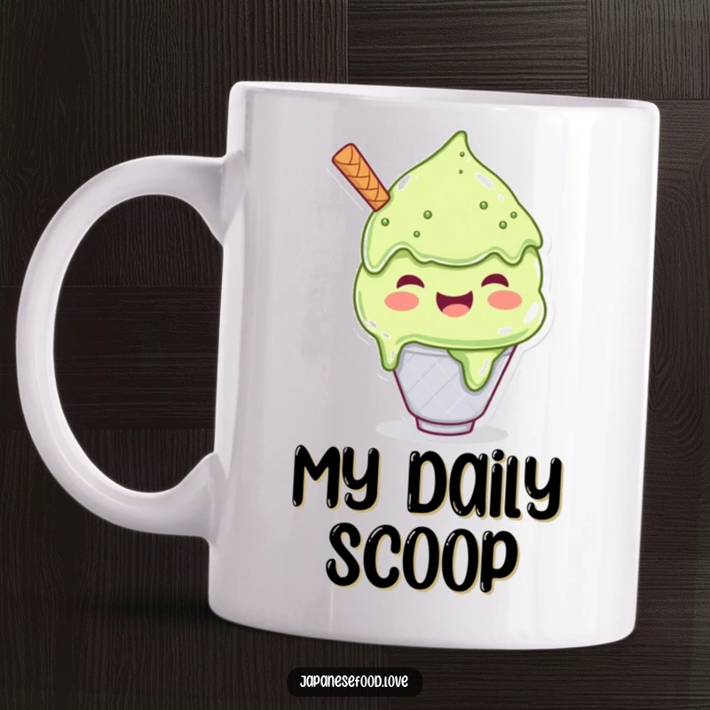Funny mug of a joyful matcha ice cream character enthusiastically scooping a giant portion for maximum enjoyment.