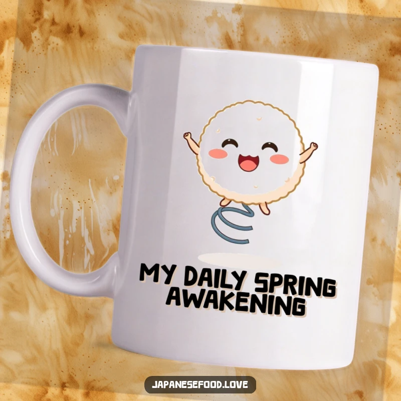 Funny mug showing a cheerful rice ball character gleefully bouncing high on a spring, radiating pure joy and energy.