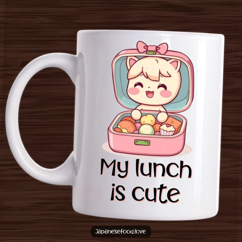 Funny Bento Box Mug: A cheerful character opening to reveal delicious tiny treats, bringing joy and humor.