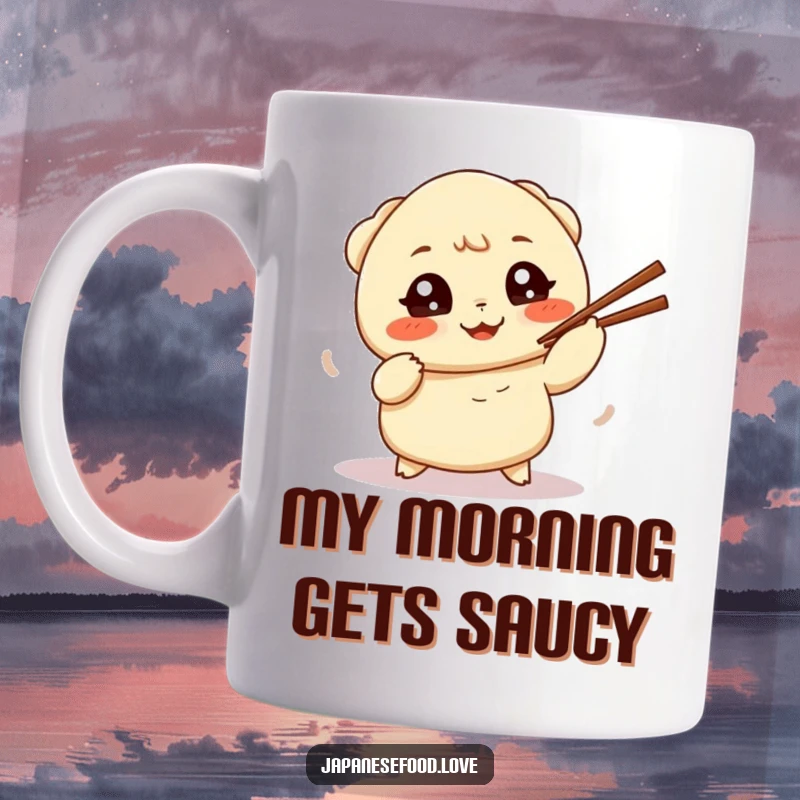 Funny mug featuring a cute, wide-eyed dumpling hilariously struggling to juggle chopsticks, full of playful determination and joy.