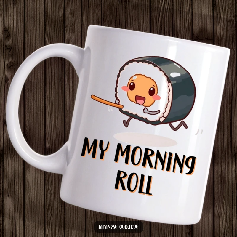 Funny mug showing a sushi piece on tiny legs comically racing towards a waiting chopstick with an excited expression.