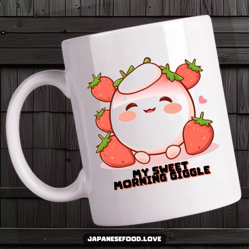 Funny Mochi Mug featuring a cute strawberry mochi character with rosy cheeks, caught mid-giggle, spreading pure joy.