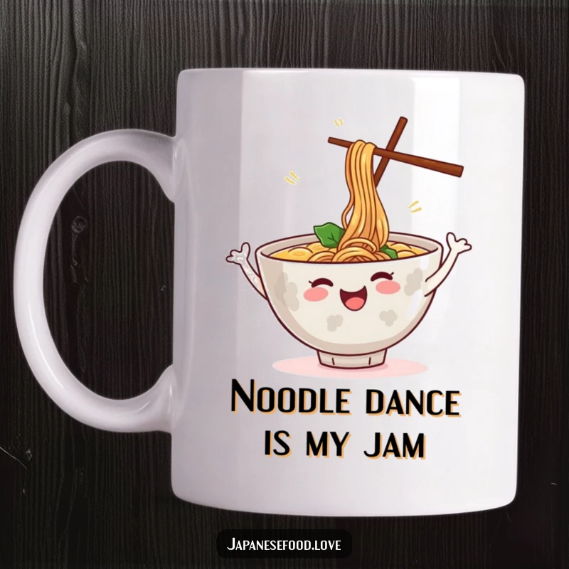 Funny ramen bowl mug with steam dancing energetically, showcasing a cheerful and humorous food character, perfect for a foodie gift.