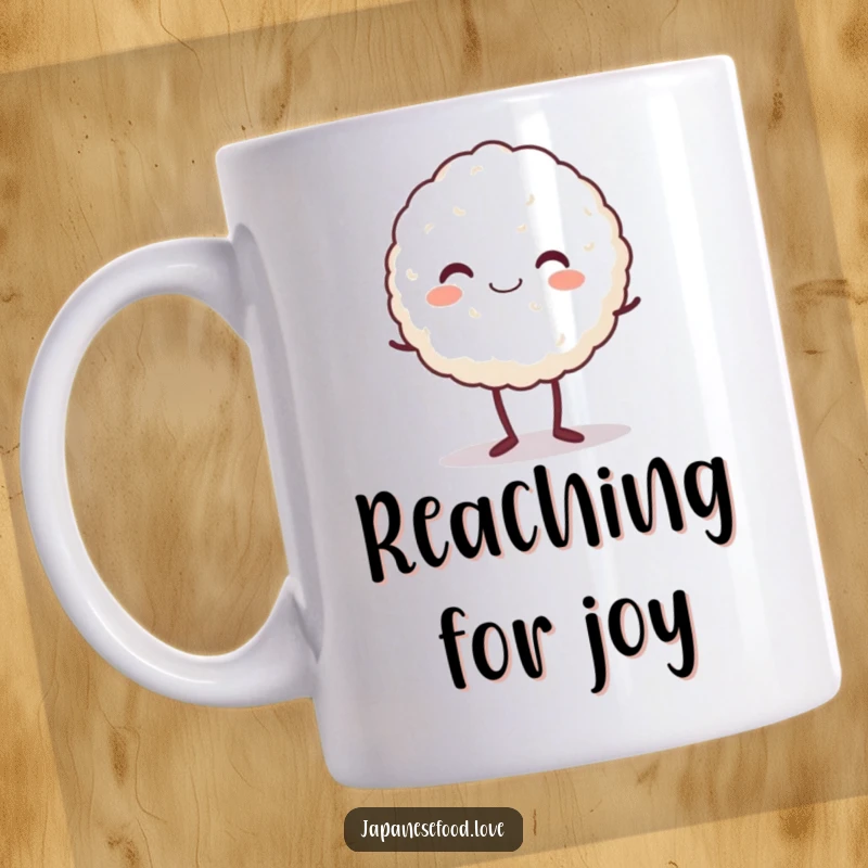 Funny mug featuring a jubilant rice ball character standing on tiptoe, reaching for joy with a beaming smile.