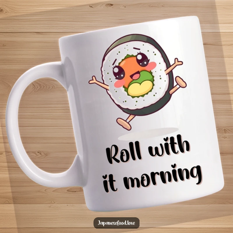 Funny mug showing a sushi roll character with googly eyes energetically performing a cartwheel, full of playful motion.