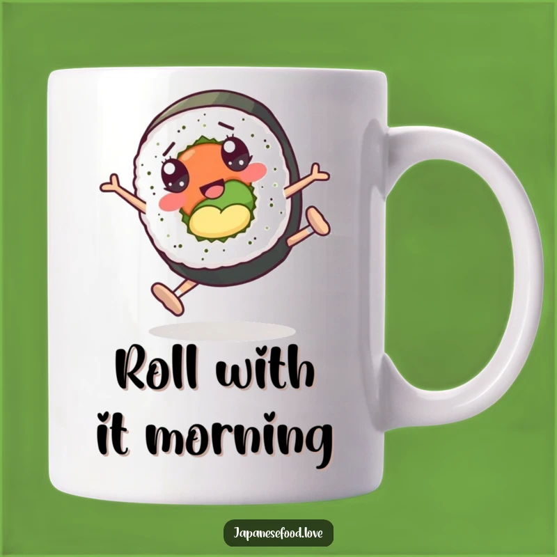Funny Sushi Roll Cartwheel Mug: Hilarious Cartoon Gift for Foodie Fun