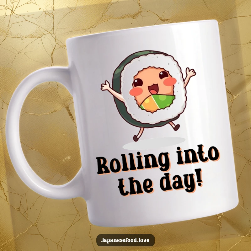 Funny Dancing Sushi Roll Mug: Sushi roll with tiny legs excitedly dancing a jig, Japanese food humor, fun gift.