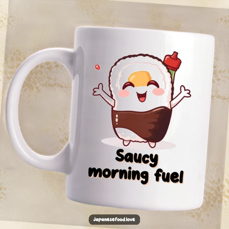 Funny mug featuring a happy sushi roll with outstretched arms hugging a smiling soy sauce bottle, representing friendship and deliciousness.