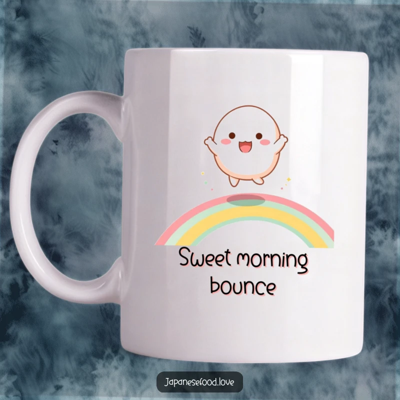 Funny mug featuring a happy mochi character energetically dancing and bouncing on a colorful rainbow, spreading pure delight.