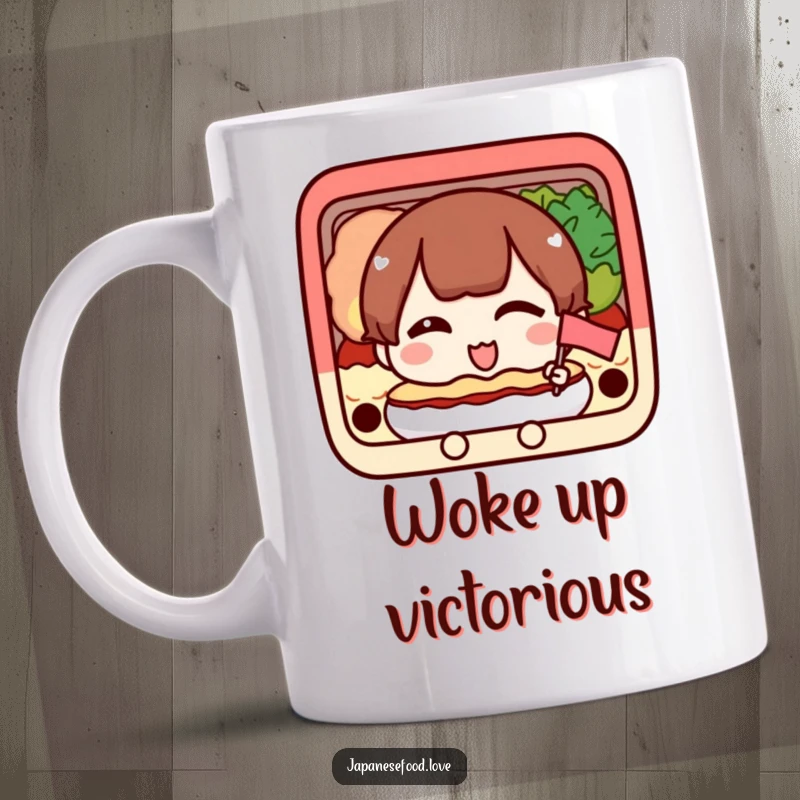 Funny mug with a happy bento box character winking and proudly holding a tiny flag, conveying cheerfulness.
