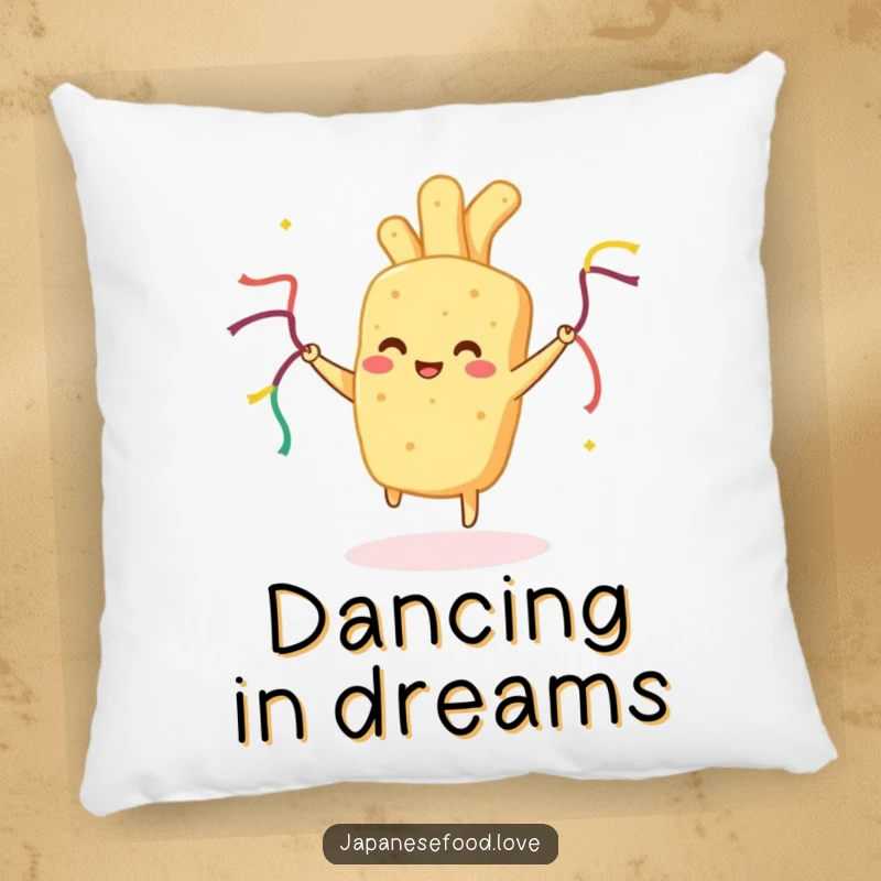 Funny Tempura Pillow: Plush pillow featuring happy fried food dancing with streamers, offering humorous comfort and decor.
