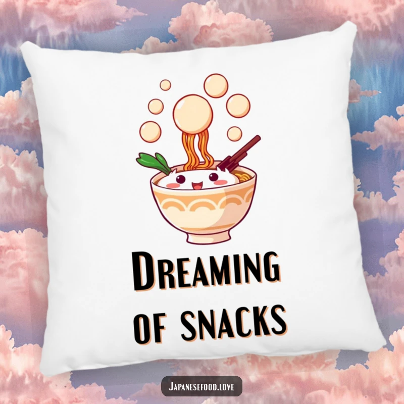 Funny pillow with a playful ramen bowl character catching dango balls, providing cozy comfort and humor.