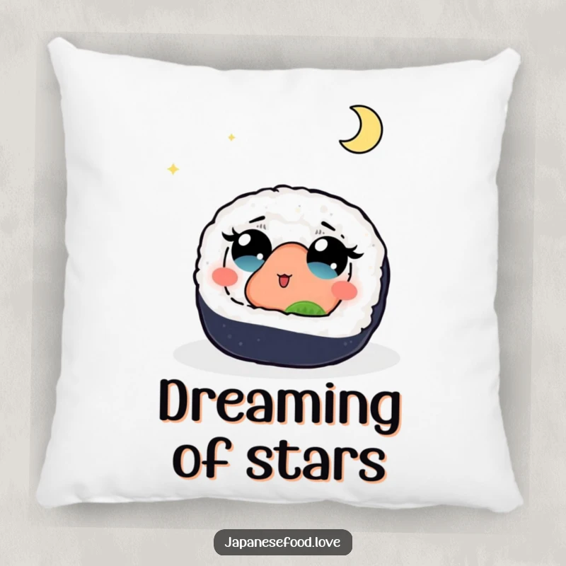 Funny pillow showcasing a sushi roll with wide, awestruck eyes gazing up at a beautiful moon, perfect for adding a touch of dreamy wonder.