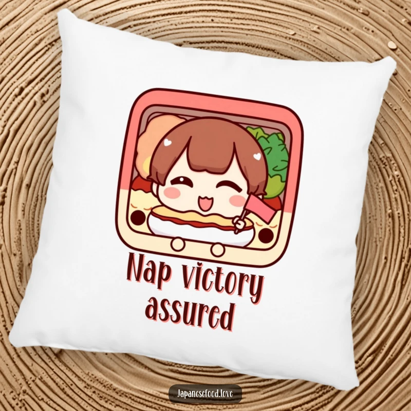 Funny pillow with a happy bento box character winking and holding a flag, perfect for cozy, cheerful decor.
