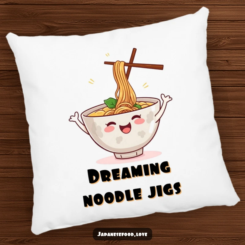 Funny pillow with a cheerful ramen bowl dancing, steam rising, a humorous food character designed for comfort and laughs, a great funny gift.