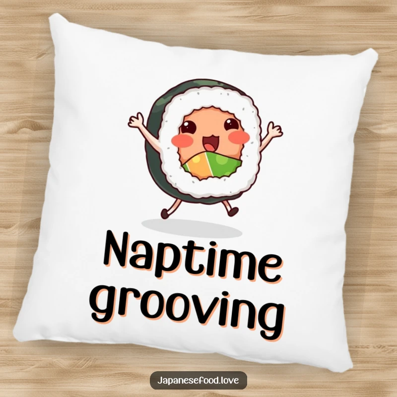 Funny Dancing Sushi Roll Pillow: Sushi roll with tiny legs dancing a jig, soft decor, food humor, funny gift.