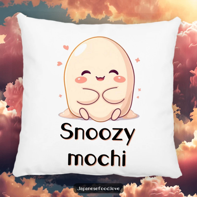 Funny pillow featuring a happy, sweet mochi character melting into a soft, gooey hug, offering comfort and adorable sweetness to any room.